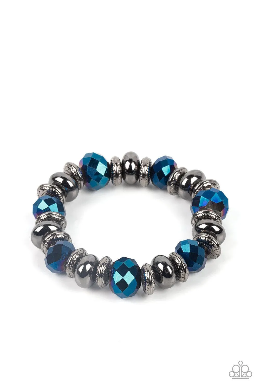 Paparazzi " Power Pose " Gunmetal & Hematite Blue Faceted Crystal Beaded Stretch Bracelet