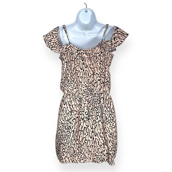 PARKER 100% Silk Cold Shoulder V-Neck Mini Dress Animal Print Banded Waist Pink
