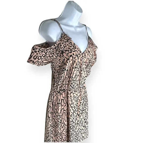 PARKER 100% Silk Cold Shoulder V-Neck Mini Dress Animal Print Banded Waist Pink