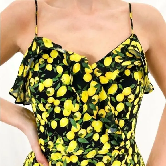 Parker Erica lemon print summer garden party spaghetti strap mini dress size 2