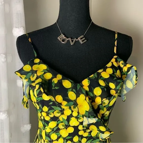 Parker Erica lemon print summer garden party spaghetti strap mini dress size 2