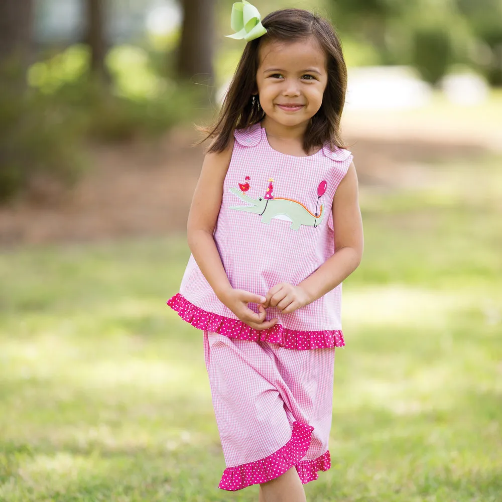 Party Crocodile Pink Gingham Blouse and Pants Set