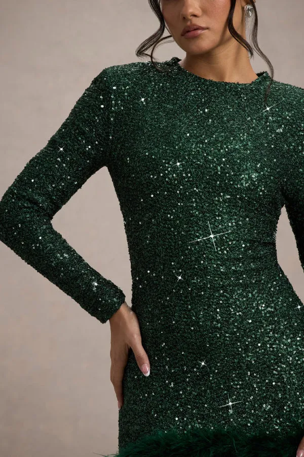 Party Must-have Sequin Long Sleeve Feather Trim Stretch Mini Dress