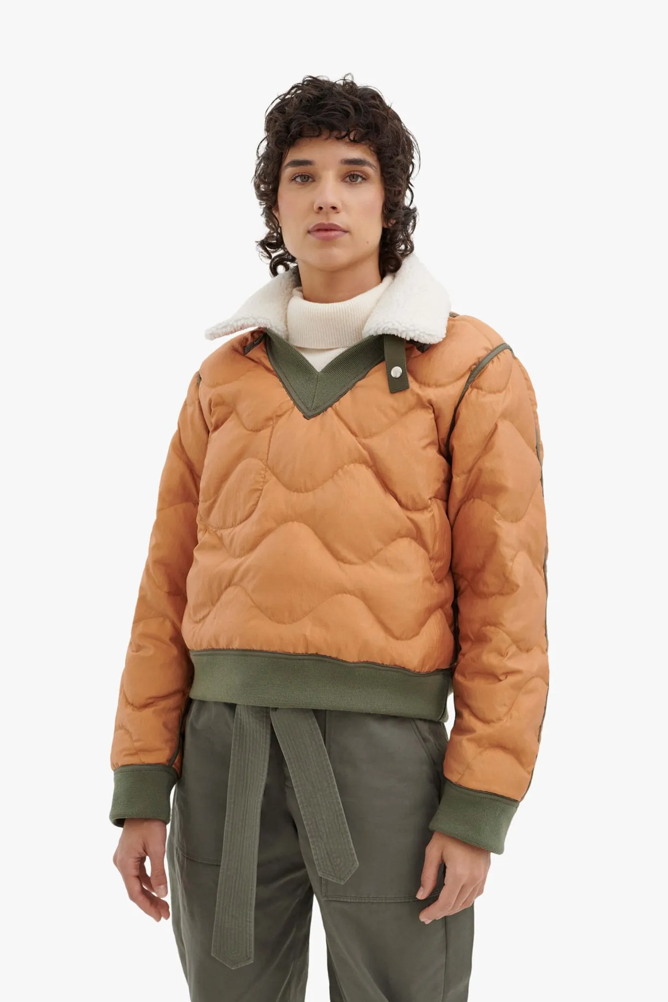 Quilted Down V Neck Sweater - Sand / Burnt Orange