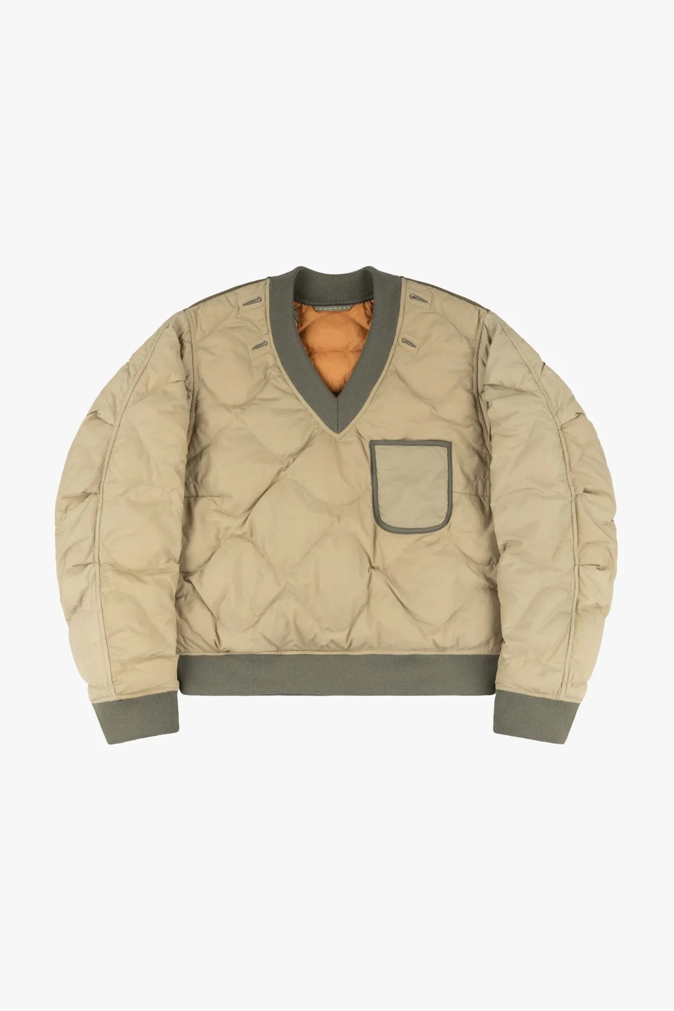 Quilted Down V Neck Sweater - Sand / Burnt Orange