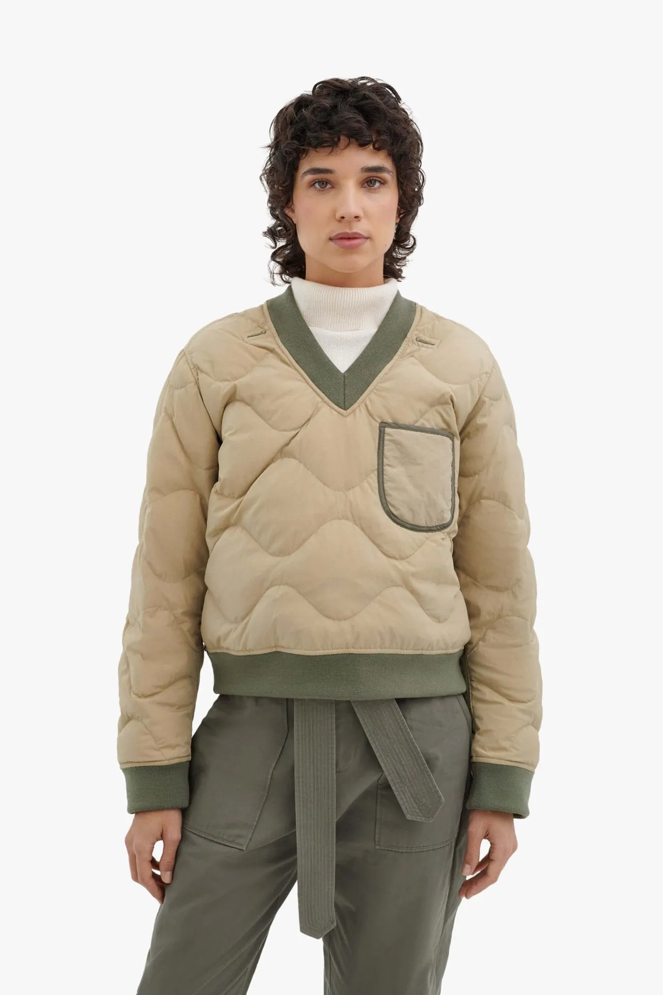 Quilted Down V Neck Sweater - Sand / Burnt Orange