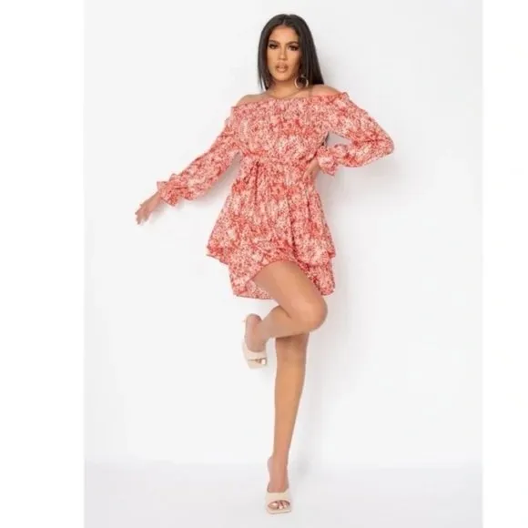 Red Floral Print Long Sleeve Off Shoulder Tiered Mini Dress