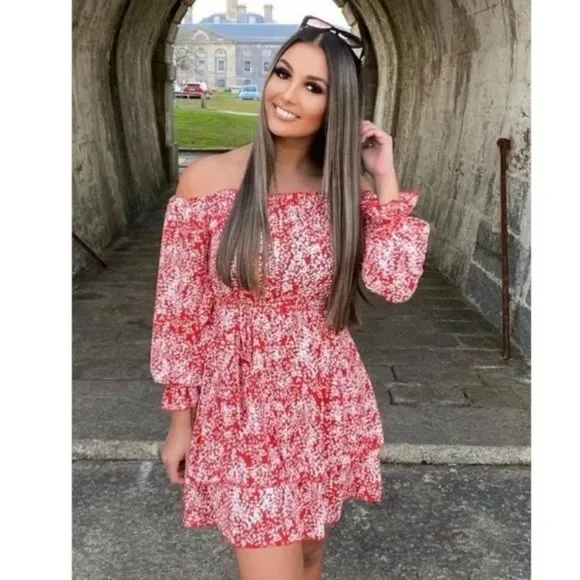 Red Floral Print Long Sleeve Off Shoulder Tiered Mini Dress