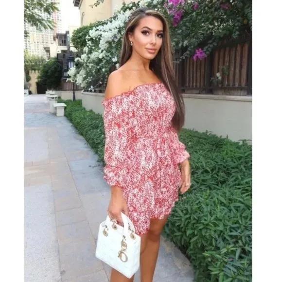 Red Floral Print Long Sleeve Off Shoulder Tiered Mini Dress