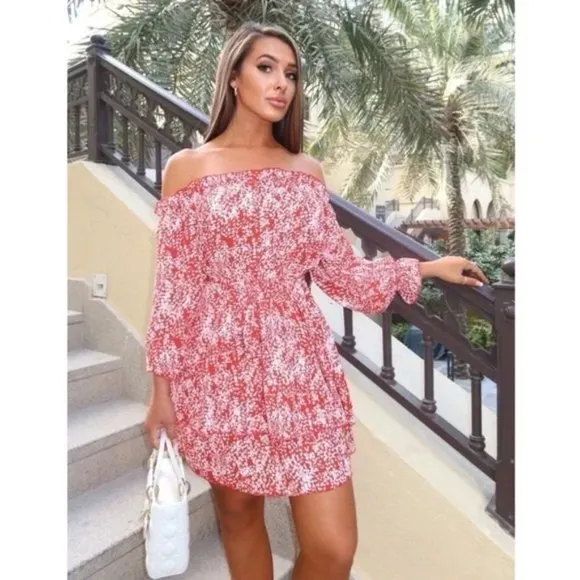 Red Floral Print Long Sleeve Off Shoulder Tiered Mini Dress