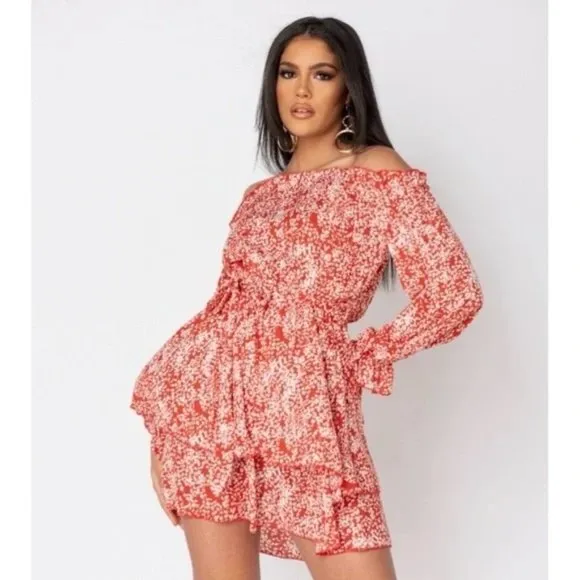 Red Floral Print Long Sleeve Off Shoulder Tiered Mini Dress