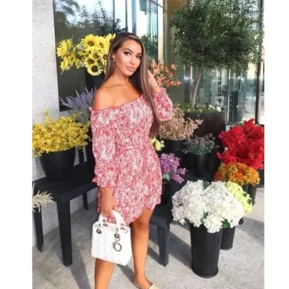 Red Floral Print Long Sleeve Off Shoulder Tiered Mini Dress