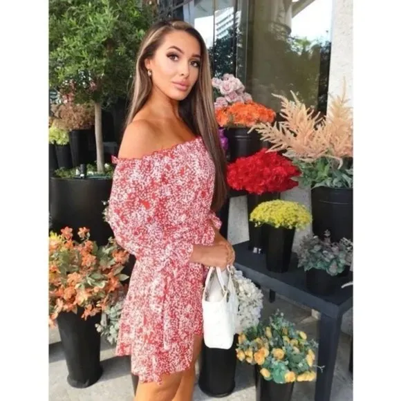 Red Floral Print Long Sleeve Off Shoulder Tiered Mini Dress