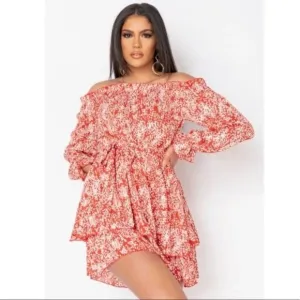 Red Floral Print Long Sleeve Off Shoulder Tiered Mini Dress