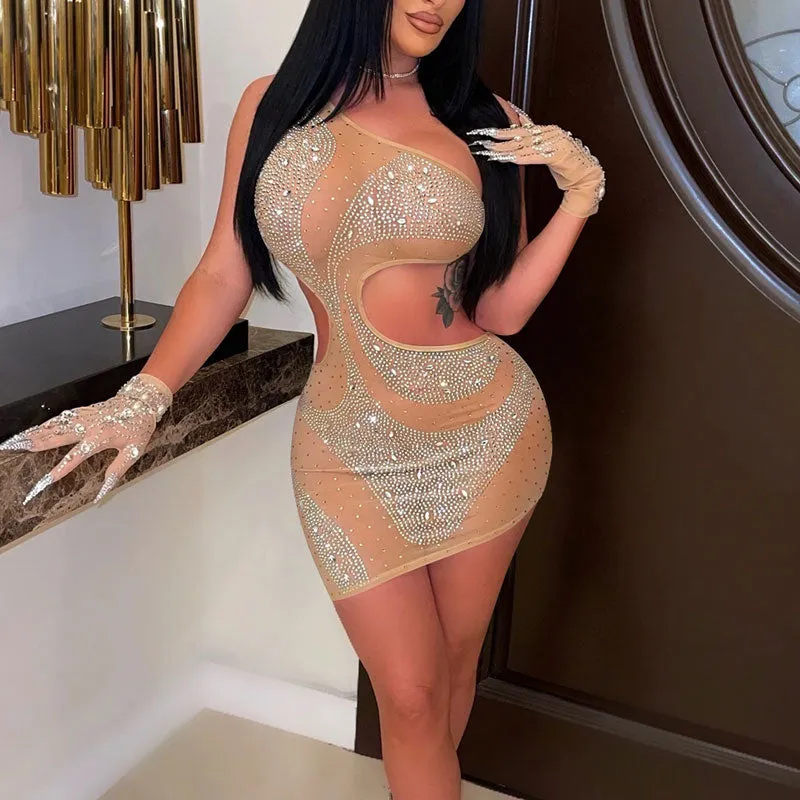 Rhinestone One Shoulder Sleeveless Cut Out Party Dress