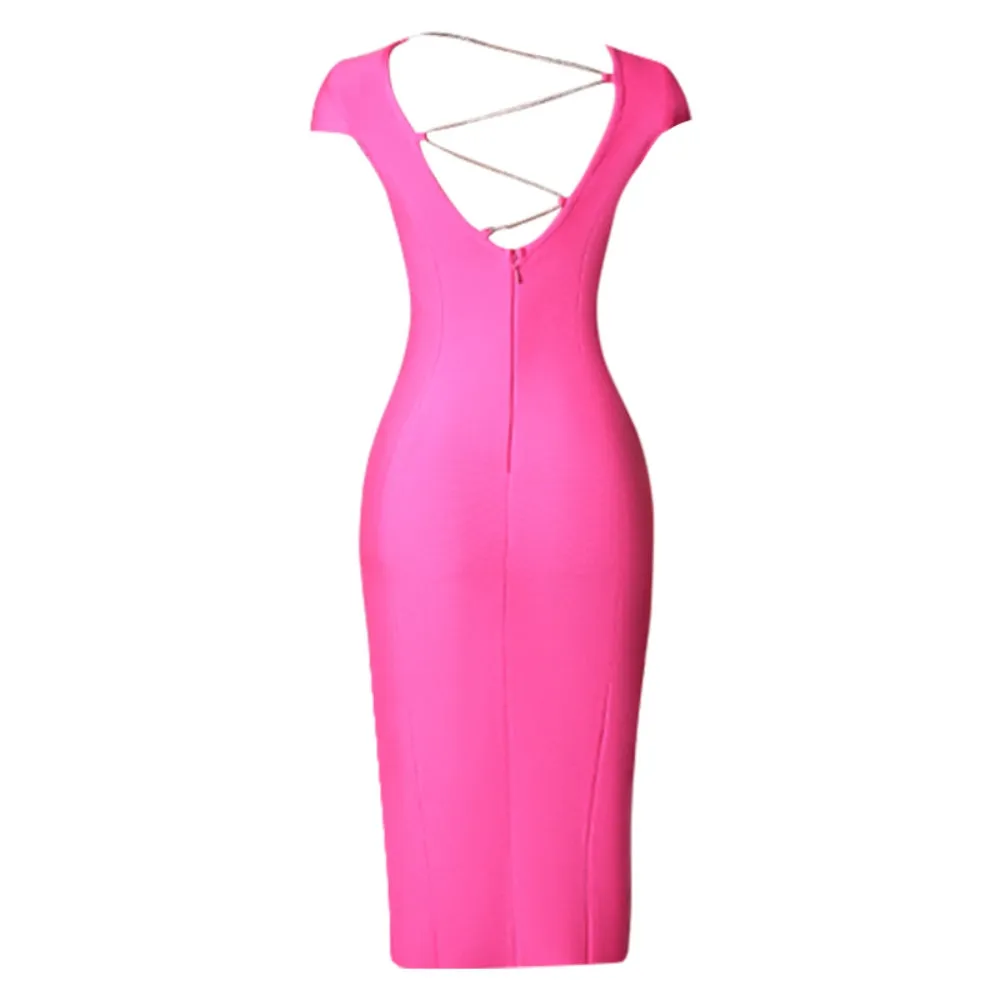 Round Neck Short Sleeve Drill Chain Midi Bandage Dress PZC1753