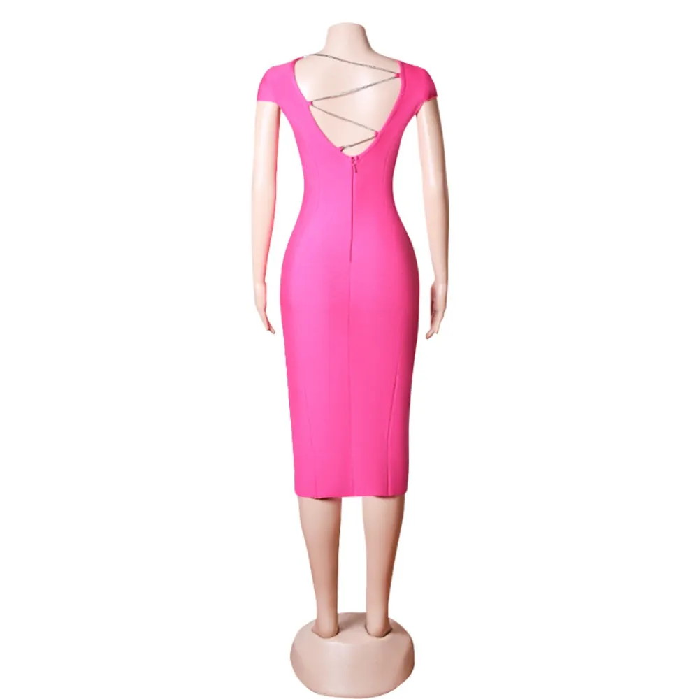Round Neck Short Sleeve Drill Chain Midi Bandage Dress PZC1753