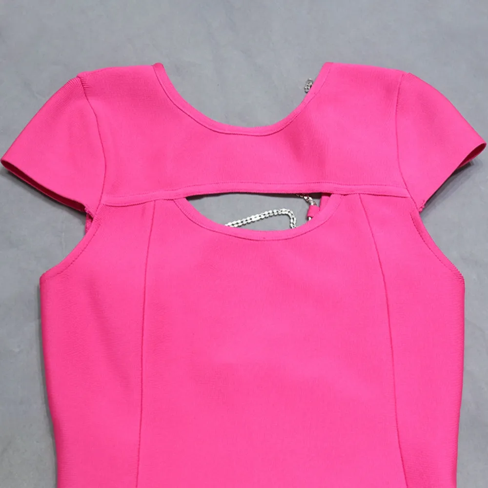 Round Neck Short Sleeve Drill Chain Midi Bandage Dress PZC1753