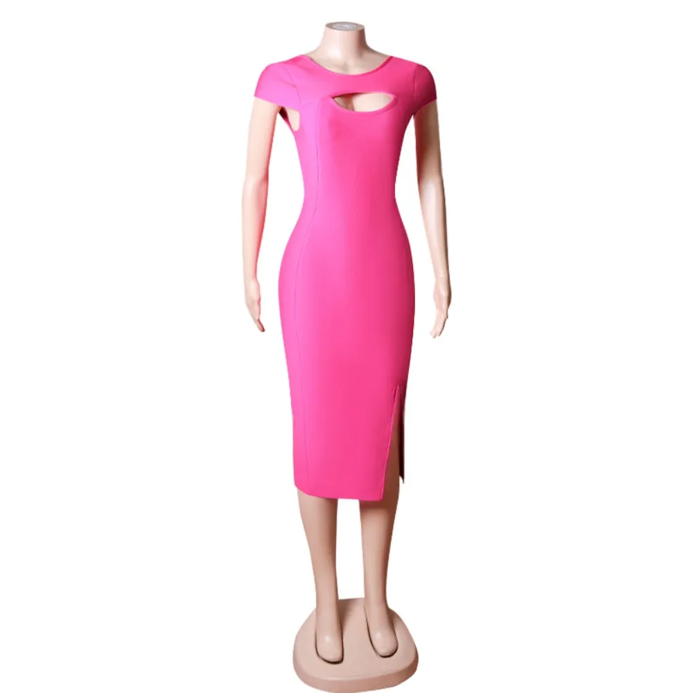 Round Neck Short Sleeve Drill Chain Midi Bandage Dress PZC1753