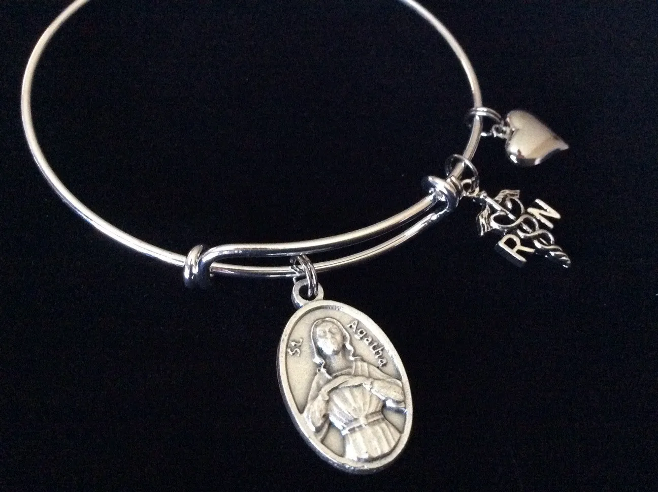 Saint Agatha with RN Charm Silver Adjustable Expandable Silver Plated Bangle Bracelet Patron Saint of Nurses and Breast Cancer