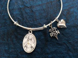 Saint Agatha with RN Charm Silver Adjustable Expandable Silver Plated Bangle Bracelet Patron Saint of Nurses and Breast Cancer