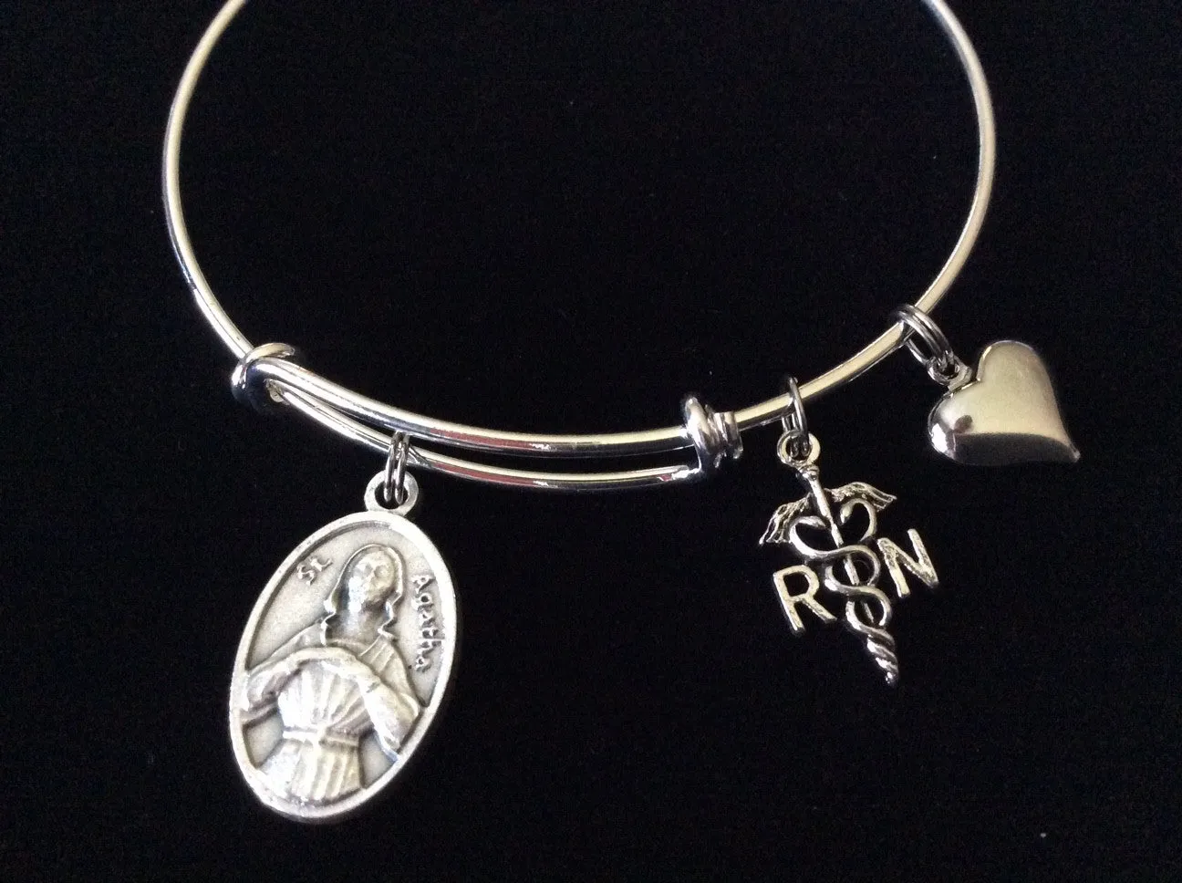 Saint Agatha with RN Charm Silver Adjustable Expandable Silver Plated Bangle Bracelet Patron Saint of Nurses and Breast Cancer