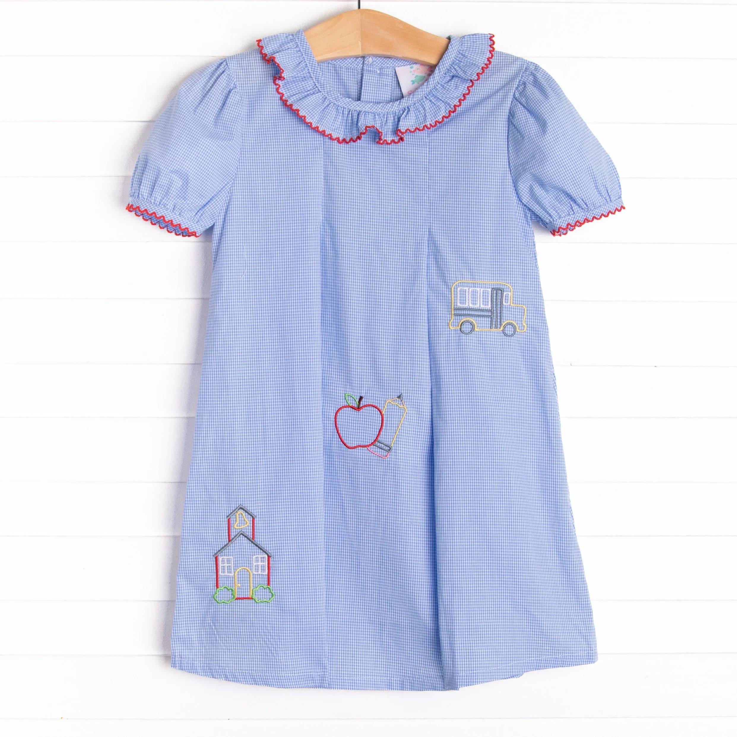 School House Embroidered Dress, Blue