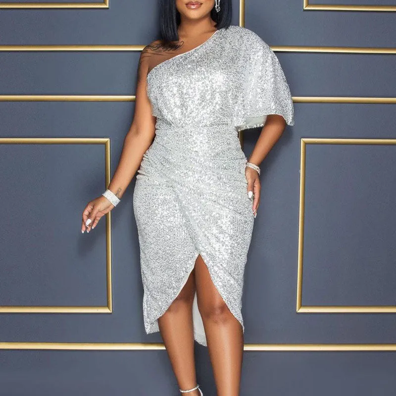 Sequins One Shoulder Slit Party Dress