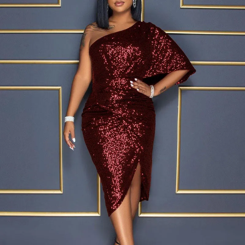 Sequins One Shoulder Slit Party Dress