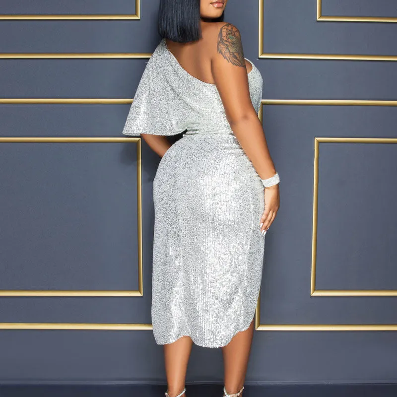 Sequins One Shoulder Slit Party Dress