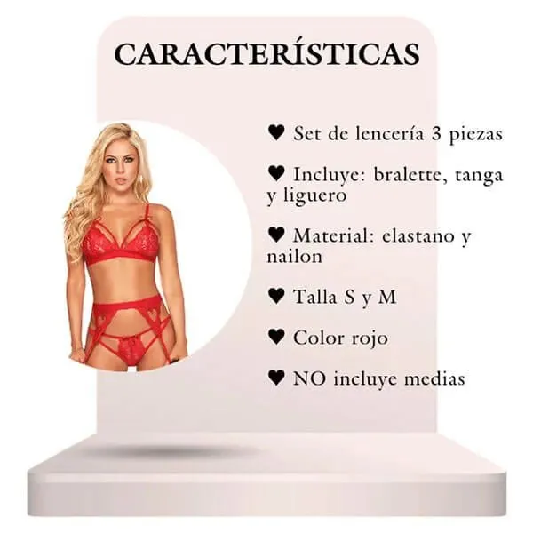 Set de lencería Bra, Tanga y Liguero Color Rojo