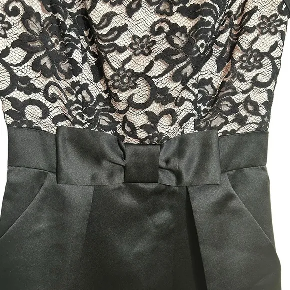 Shoshanna Erin Dress Black Lace Satin Bow Sheath Dress Pockets Sleeveless Size 2