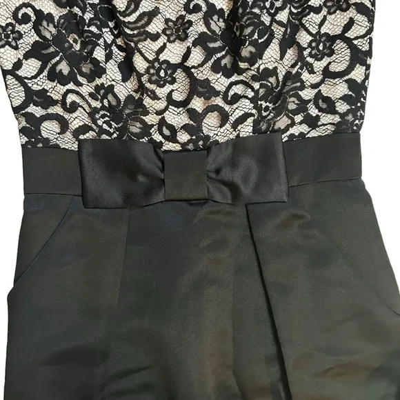 Shoshanna Erin Dress Black Lace Satin Bow Sheath Dress Pockets Sleeveless Size 2
