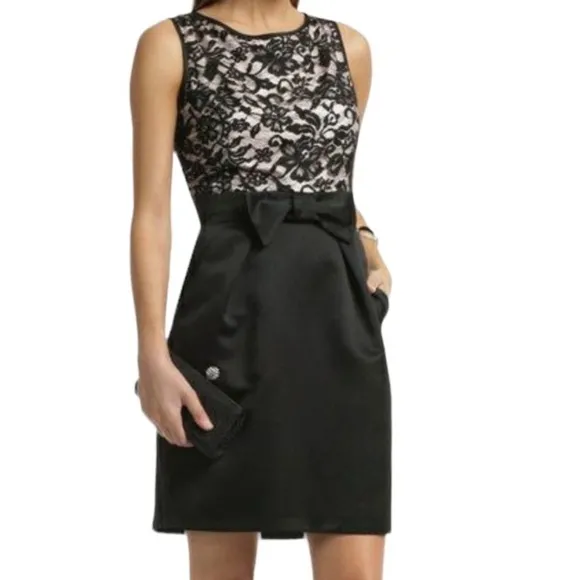 Shoshanna Erin Dress Black Lace Satin Bow Sheath Dress Pockets Sleeveless Size 2