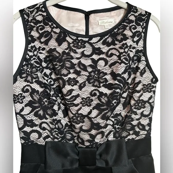 Shoshanna Erin Dress Black Lace Satin Bow Sheath Dress Pockets Sleeveless Size 2