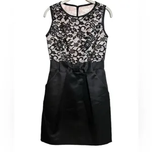 Shoshanna Erin Dress Black Lace Satin Bow Sheath Dress Pockets Sleeveless Size 2