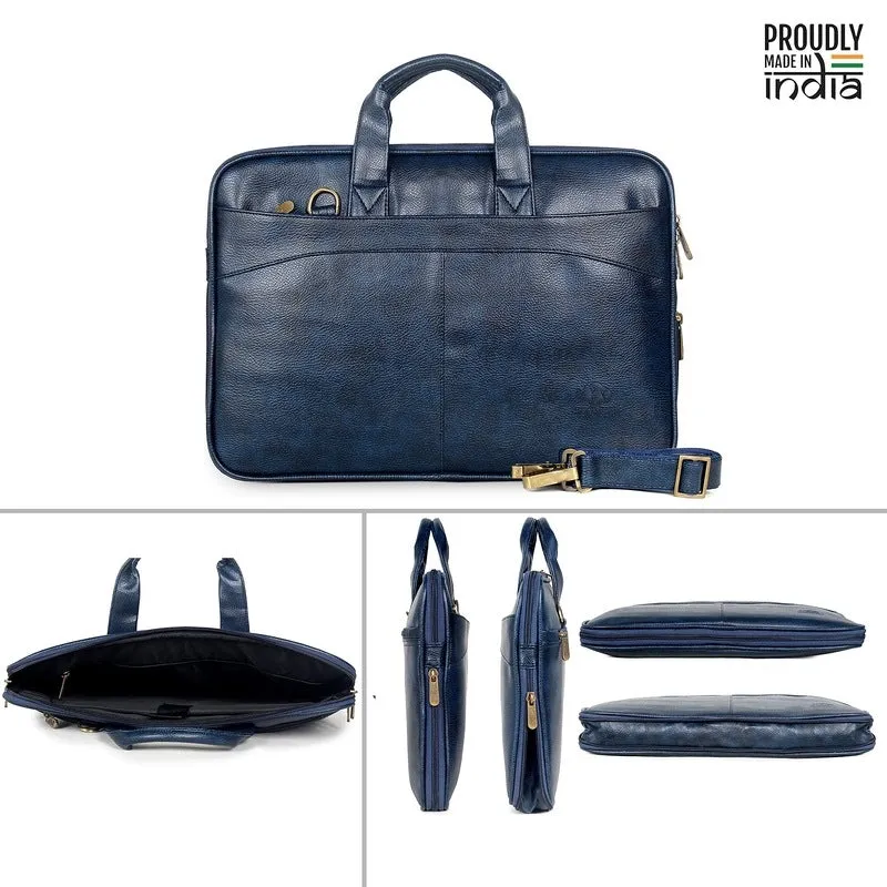 Slim Expandable Laptop Messenger Bag | Vegan Leather | 15.6 inch | Blue