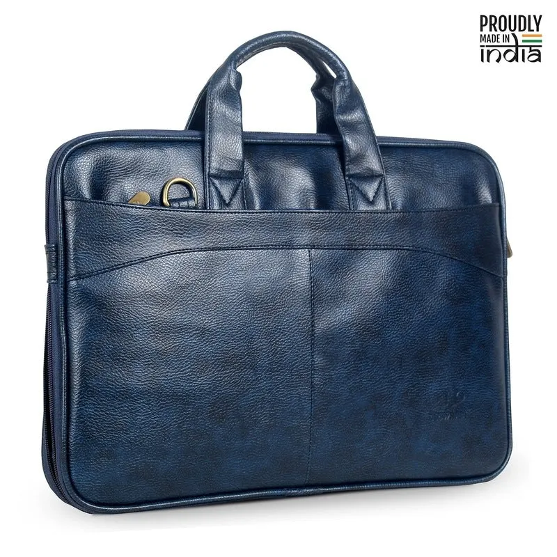 Slim Expandable Laptop Messenger Bag | Vegan Leather | 15.6 inch | Blue