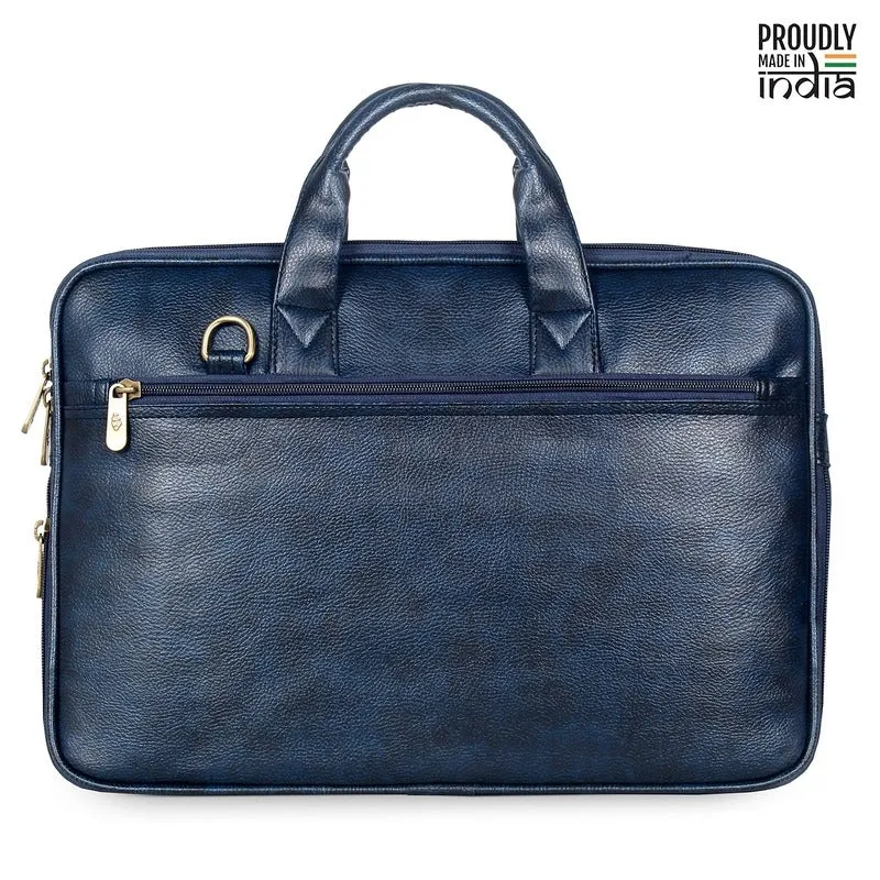 Slim Expandable Laptop Messenger Bag | Vegan Leather | 15.6 inch | Blue
