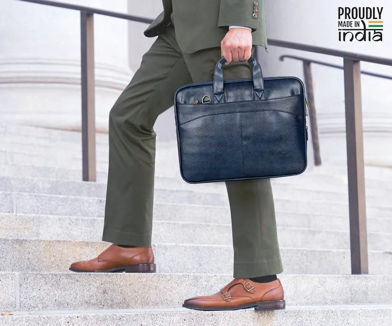 Slim Expandable Laptop Messenger Bag | Vegan Leather | 15.6 inch | Blue