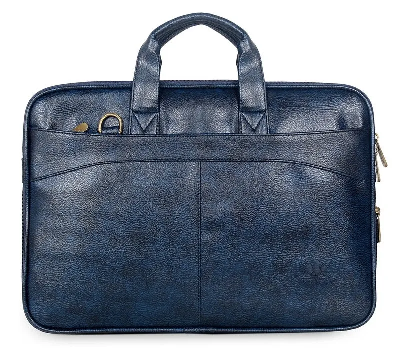 Slim Expandable Laptop Messenger Bag | Vegan Leather | 15.6 inch | Blue