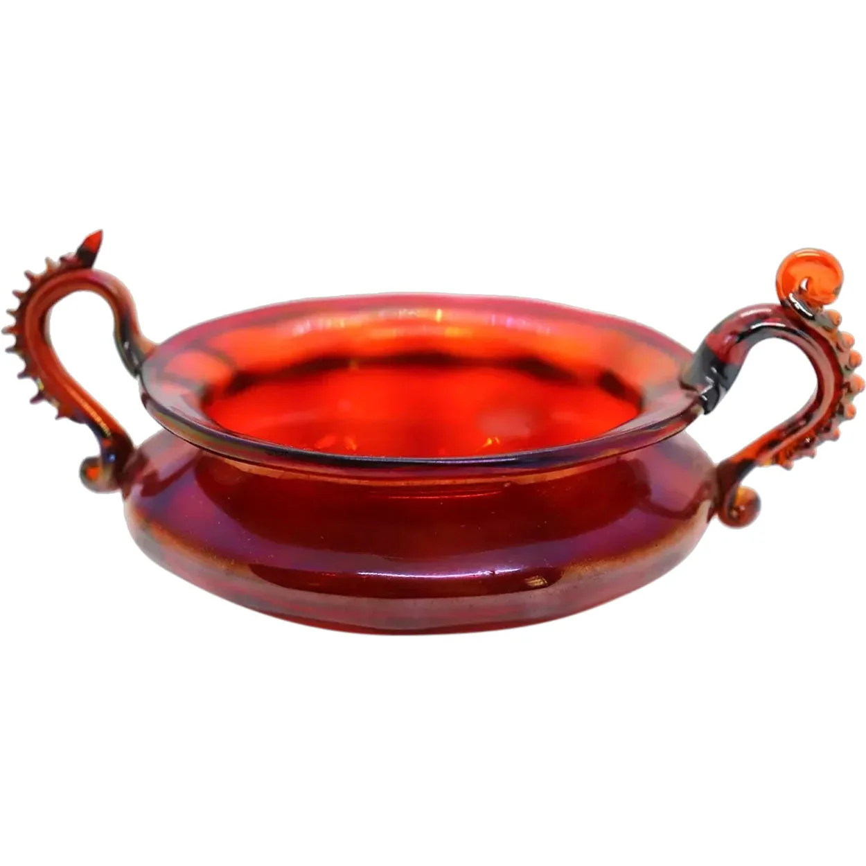 Small Italian Venetian Glass Iridescent Ruby Red Two-Handle Bowl