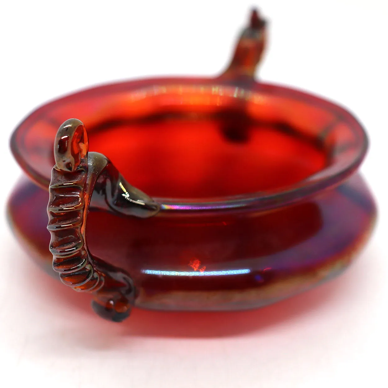 Small Italian Venetian Glass Iridescent Ruby Red Two-Handle Bowl