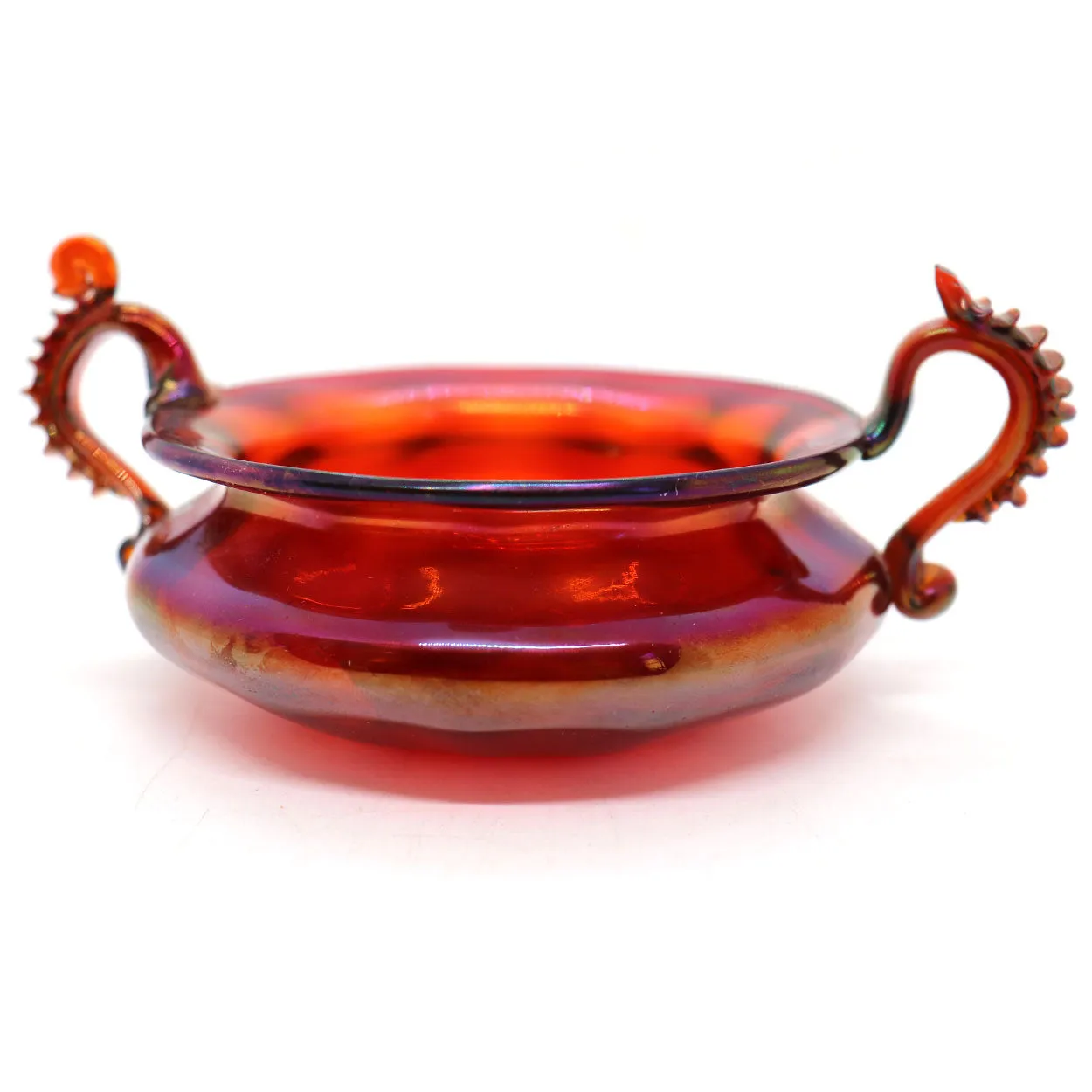 Small Italian Venetian Glass Iridescent Ruby Red Two-Handle Bowl