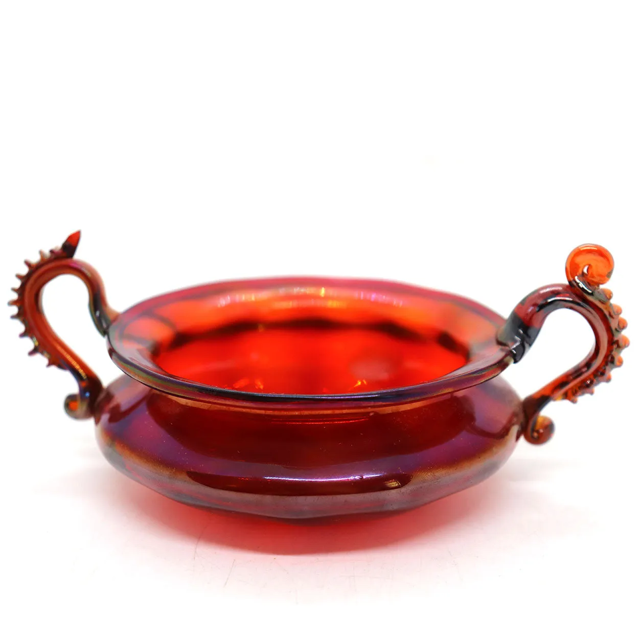 Small Italian Venetian Glass Iridescent Ruby Red Two-Handle Bowl