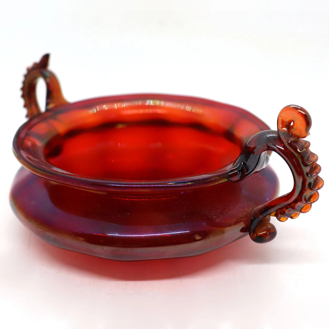 Small Italian Venetian Glass Iridescent Ruby Red Two-Handle Bowl