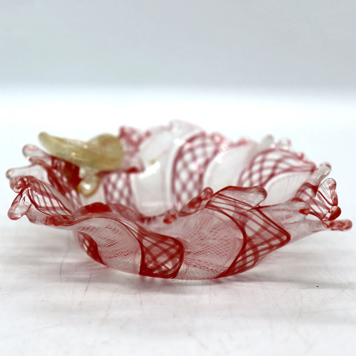 Small Vintage Italian Murano Zanfirico Glass Leaf Form Bowl
