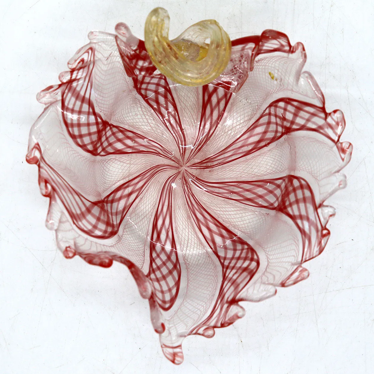 Small Vintage Italian Murano Zanfirico Glass Leaf Form Bowl