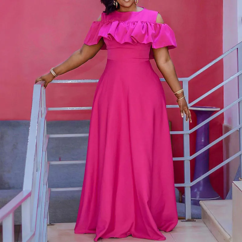 Solid Cold Shoulder High Waist Ruffles Maxi Dress
