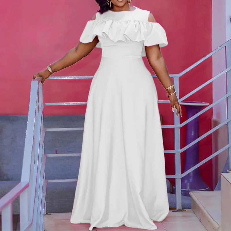 Solid Cold Shoulder High Waist Ruffles Maxi Dress